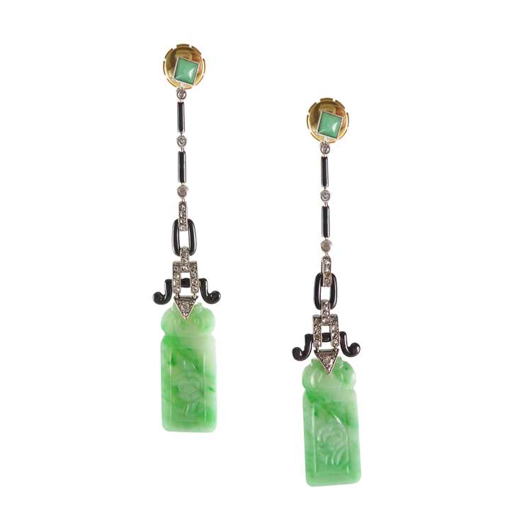 Pair of Art Deco diamond, onyx and carved jadeite panel pendant earrings by Lacloche Freres, Paris,